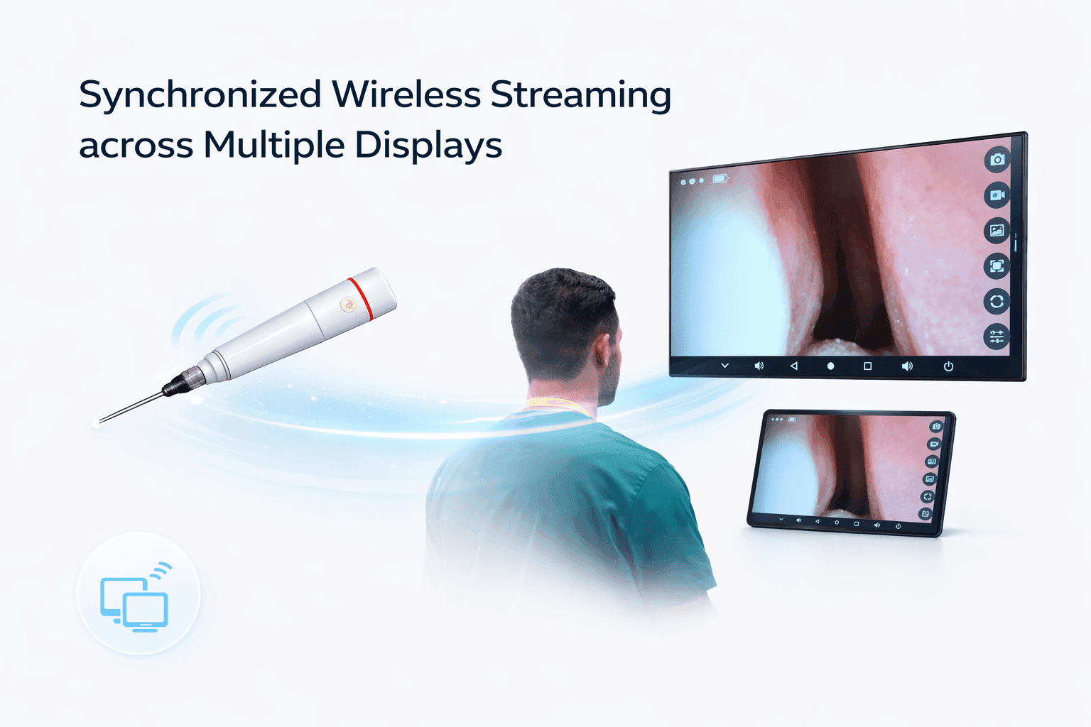 FREEVIEW streaming live endoscopy video wirelessly to multiple display screens simultaneously